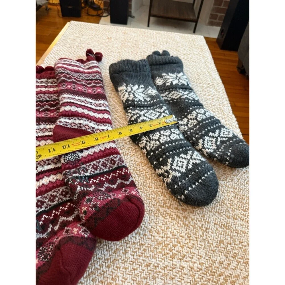 Cozy Knit Slipper Socks Set – Red Fair Isle & Gray Snowflake